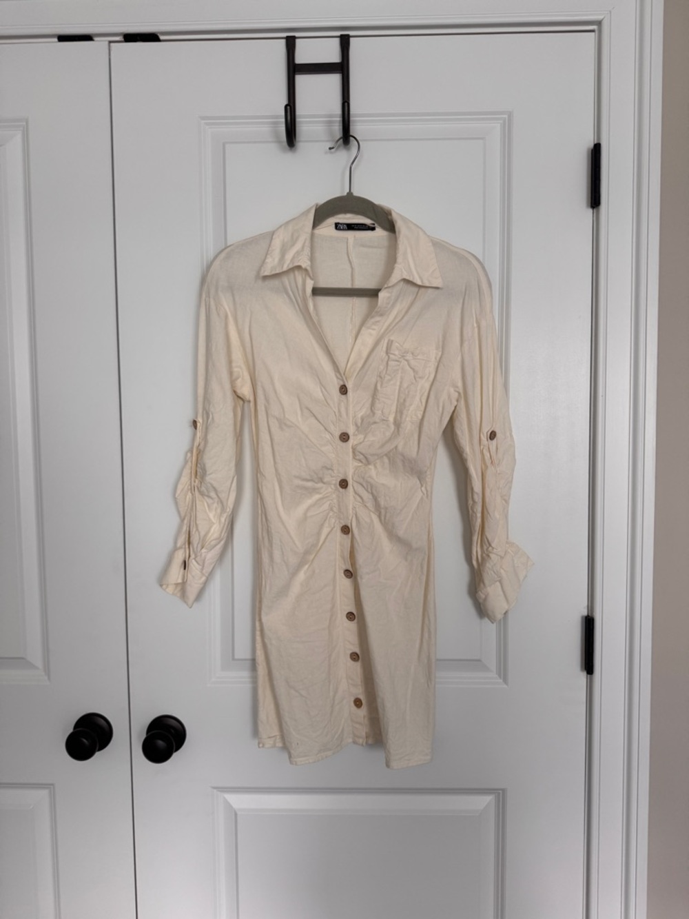 Zara Cream Long-Sleeve Button-Front Shirt Dress